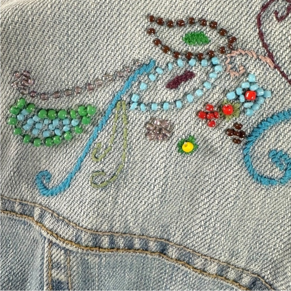 Vintage Y2K Old Navy Bohemian Beaded Denim Jean Jacket Women’s XXL Light Wash - Picture 9 of 15
